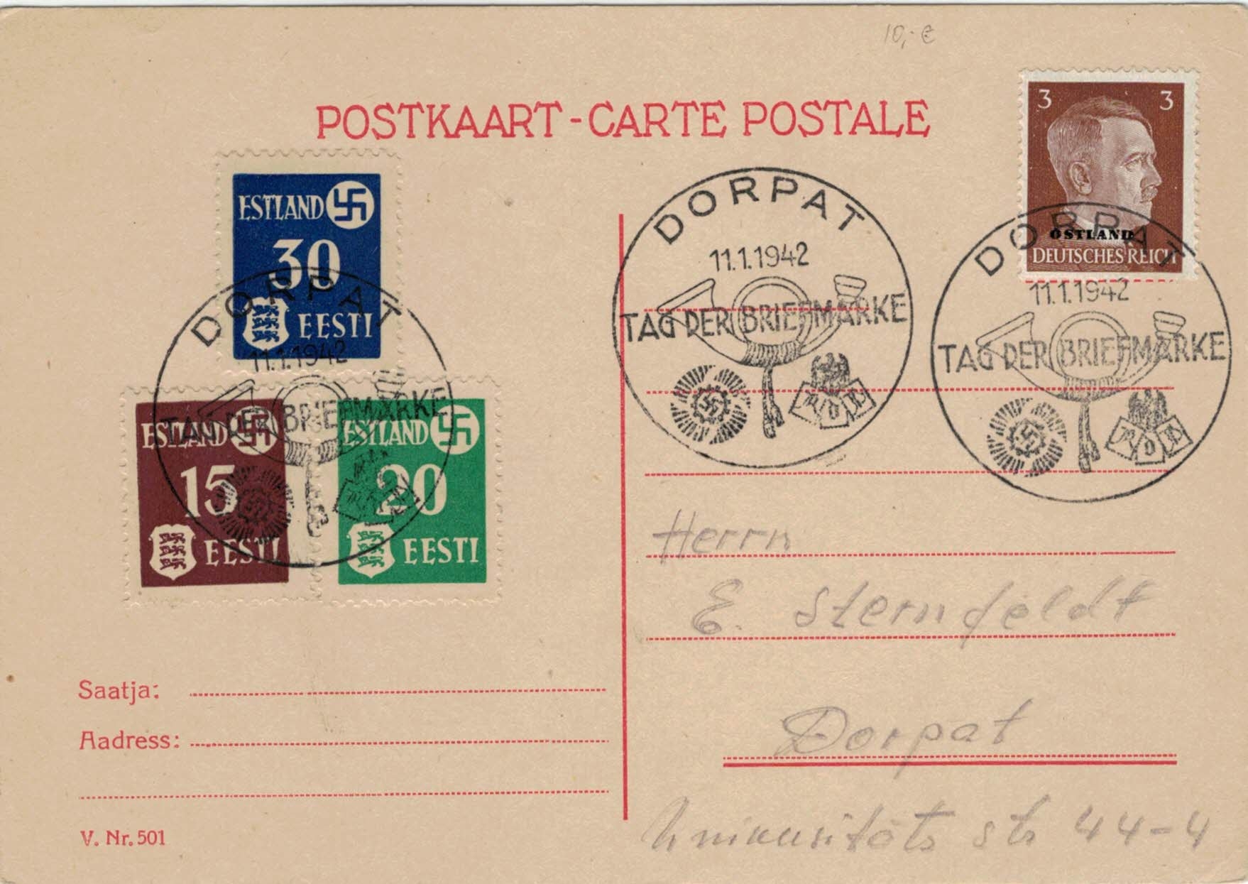 Dorpat 11.1.1942 Stamp Day 1942, unique special postmark Ostland (ditto Riga, Kauen).