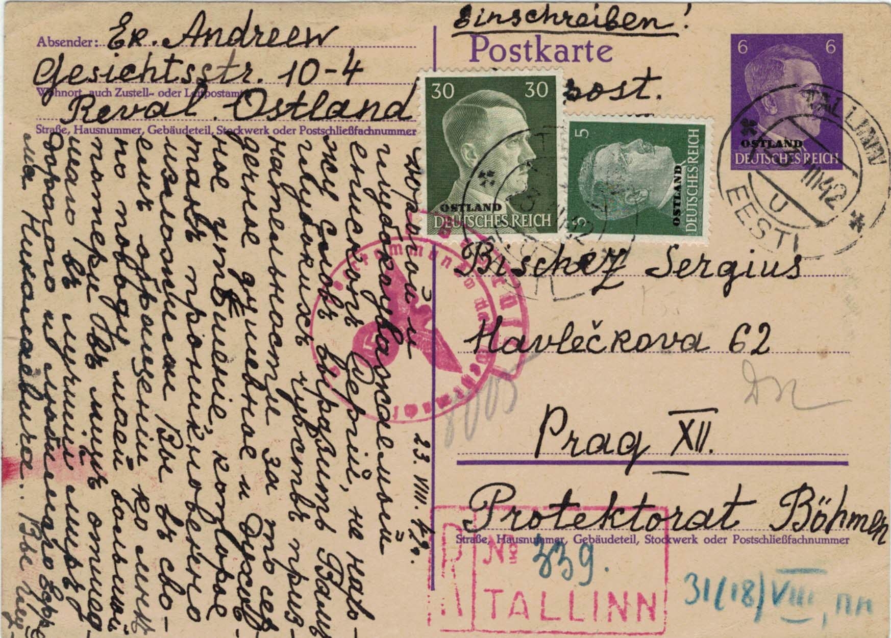 Reg. airmail card Tallinn – Prague, 23 III 42, (30+5+6 Pfg.)