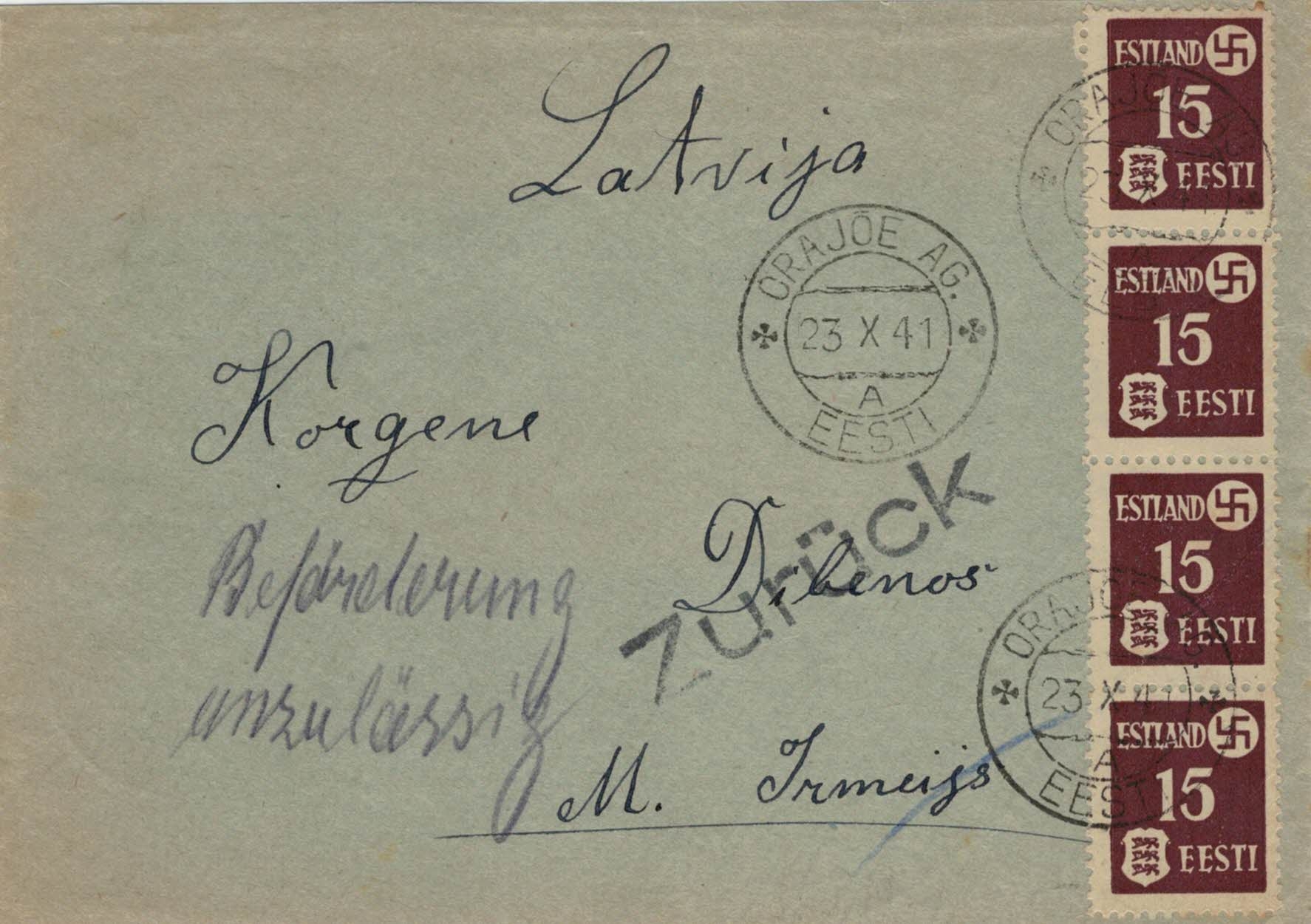 BACK, Letter Orajõe - Korgene 23 X 41; 10km distance; EST-LET only as of 15.1.42