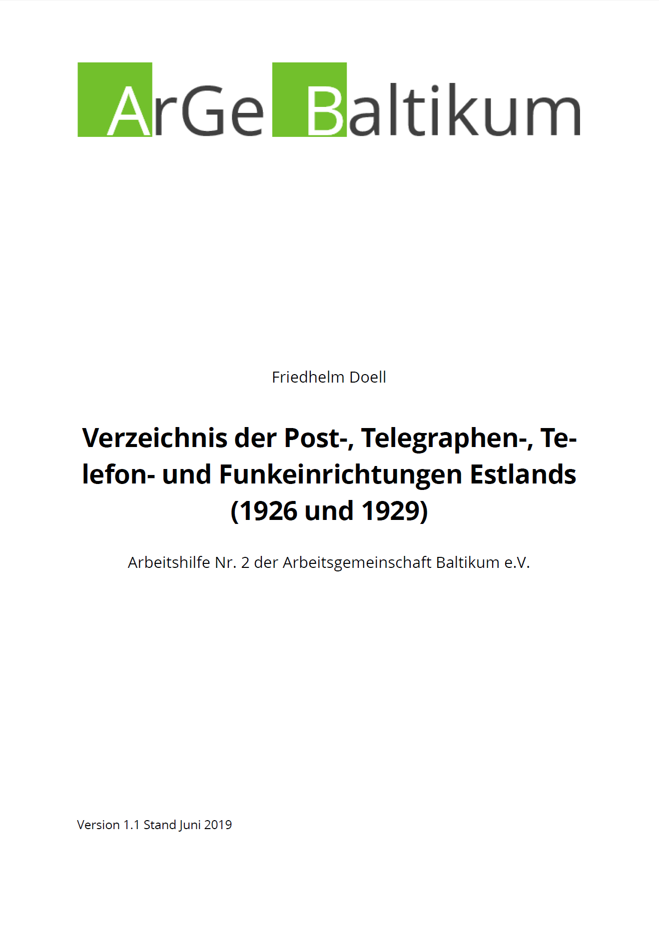 Buchtitel Arbeitshilfe Nr.2: Verzeichnis der Post-, Telegraphen-, Telefon- und Funkeinrichtungen Estlands (1926 und 1929)